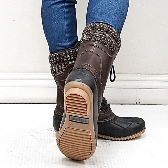 New Brown Sweater Lace Mid-Calf Snow Duck Boots - Picture 4 of 4